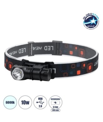 GloboStar® 79040 Φορητός Φακός Κεφαλής Επαναφορτιζόμενος LED Luminus SST20 10W 1000lm 30° Μοιρών με 1 x 16340 Μπαταρία 800mAh USB 2.0 3 Modes Αδιάβροχο IP54 Ψυχρό Λευκό 6000K